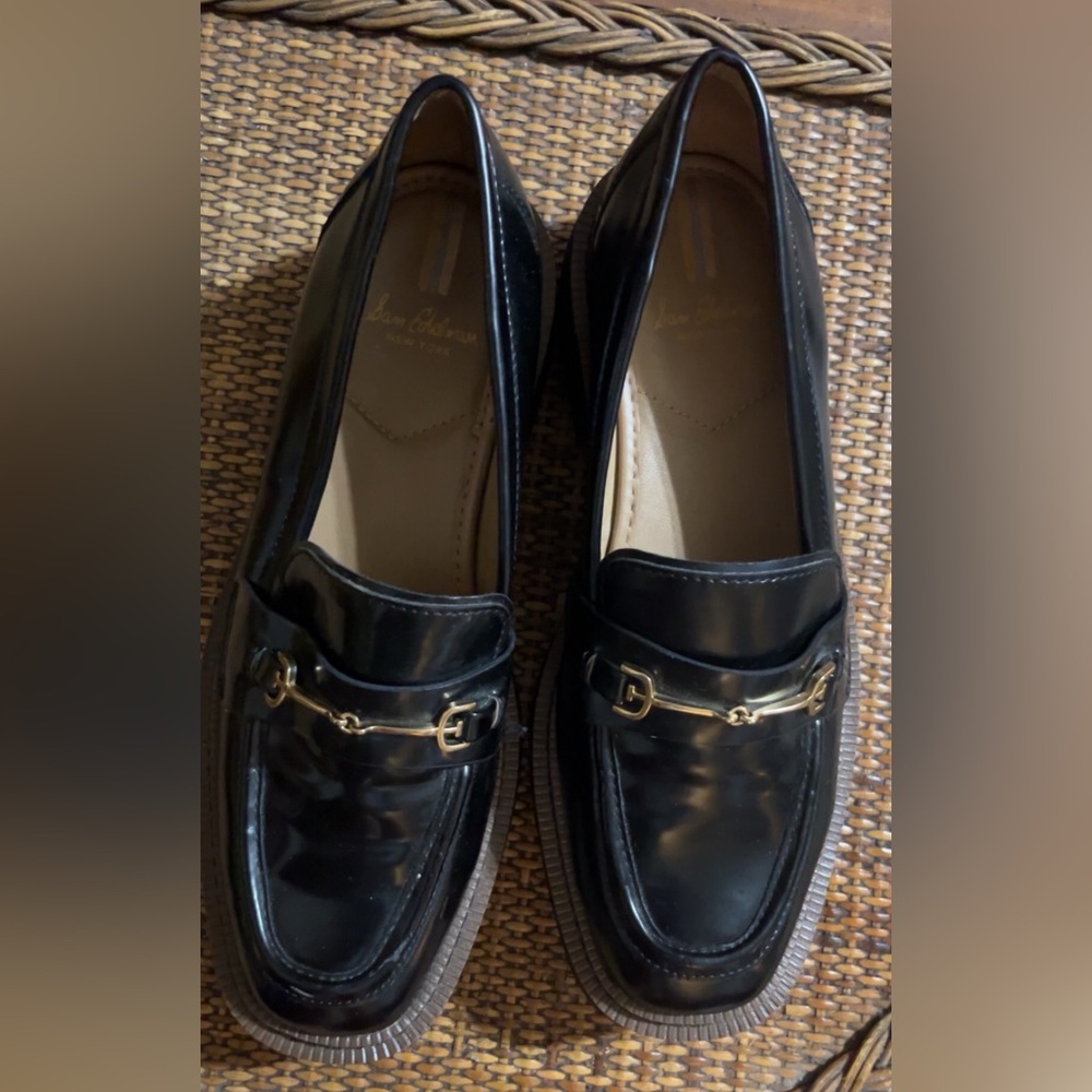 Sam Edelman Black Patent Leather Loafers with Gold Bit